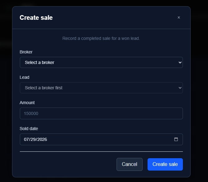 Create sale modal with broker and lead selection