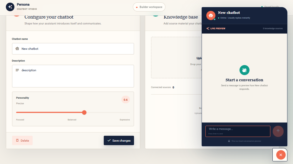 Chatbot builder with the live conversation preview open