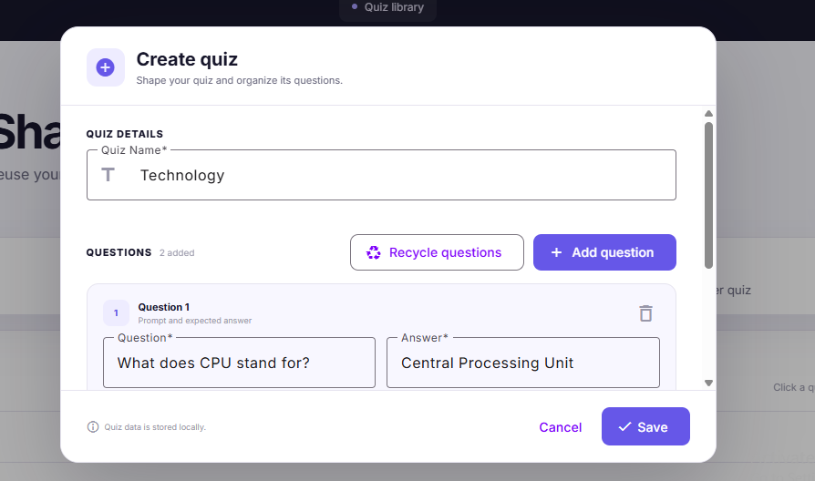 Create quiz dialog with dynamic question and answer fields