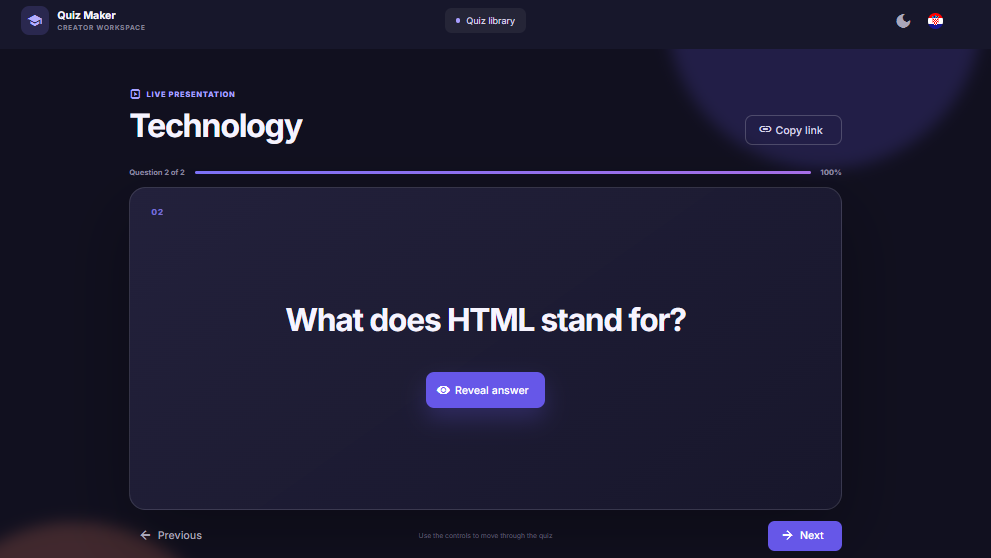 Quiz presentation with progress and answer reveal controls