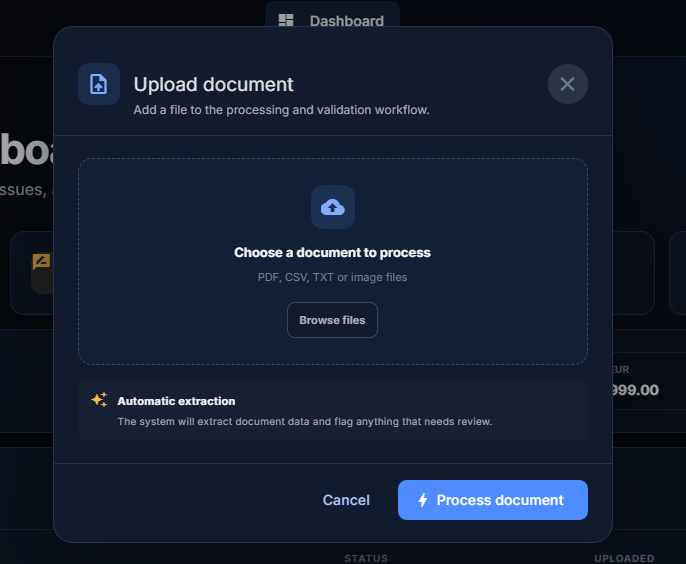 Document upload modal with automatic extraction workflow